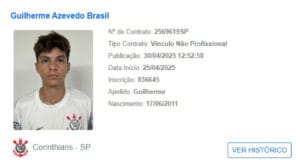 Registro de contrato do filho de Alex Brasil, executivo da base do Corinthians, com o clube.